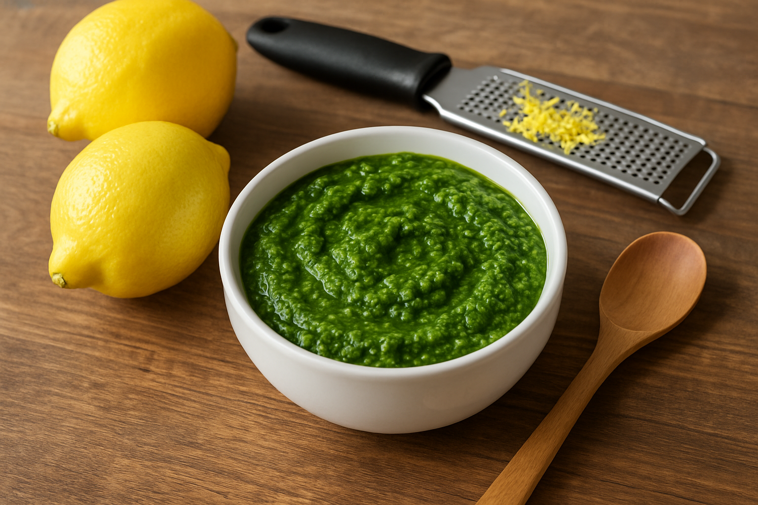 A bowl of vibrant basil pesto with fresh lemons and zesting tools nearby, ready to add fresh lemon flavor.