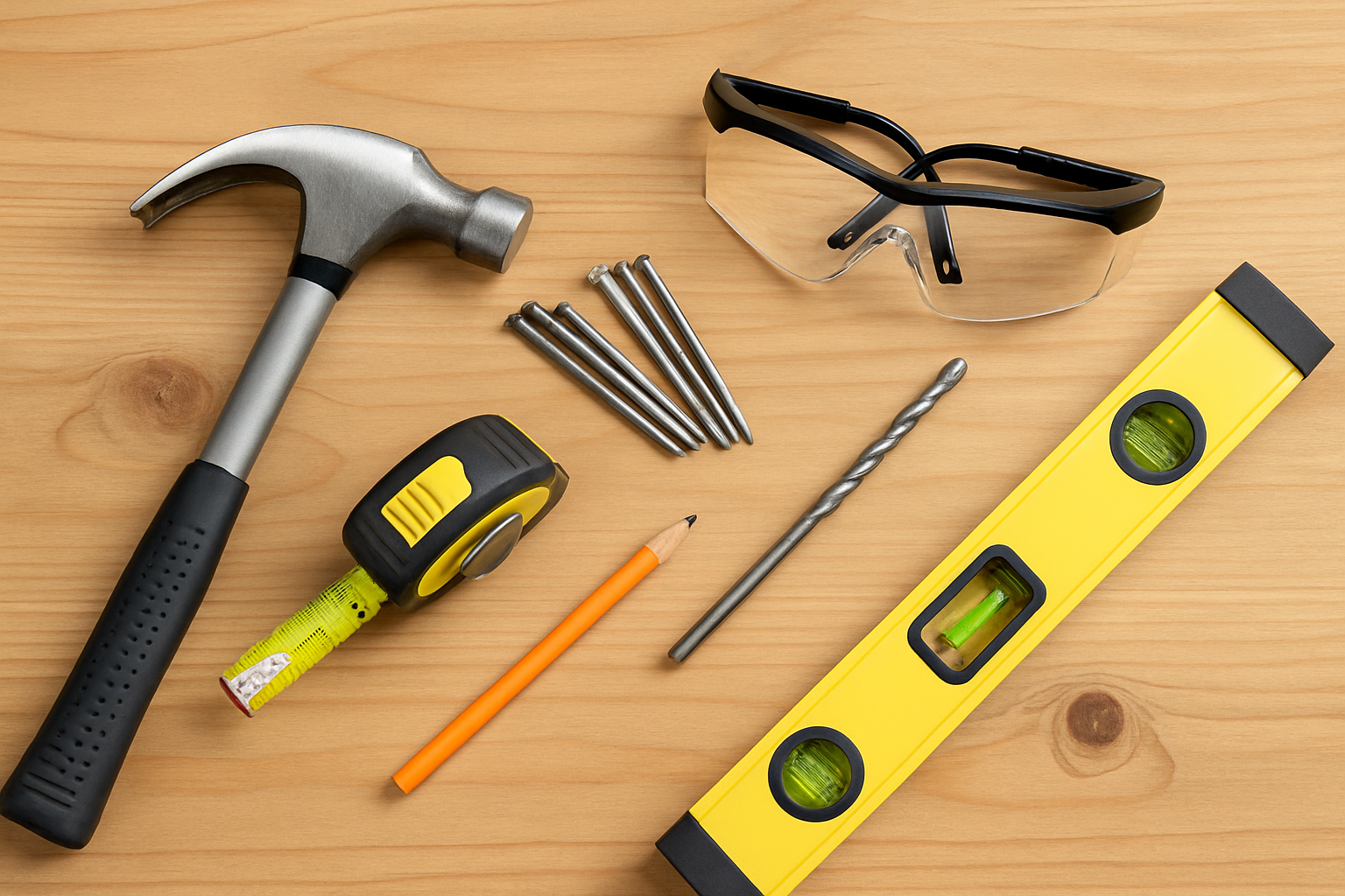 Essential tools and materials needed for hanging a picture on a brick fireplace.
