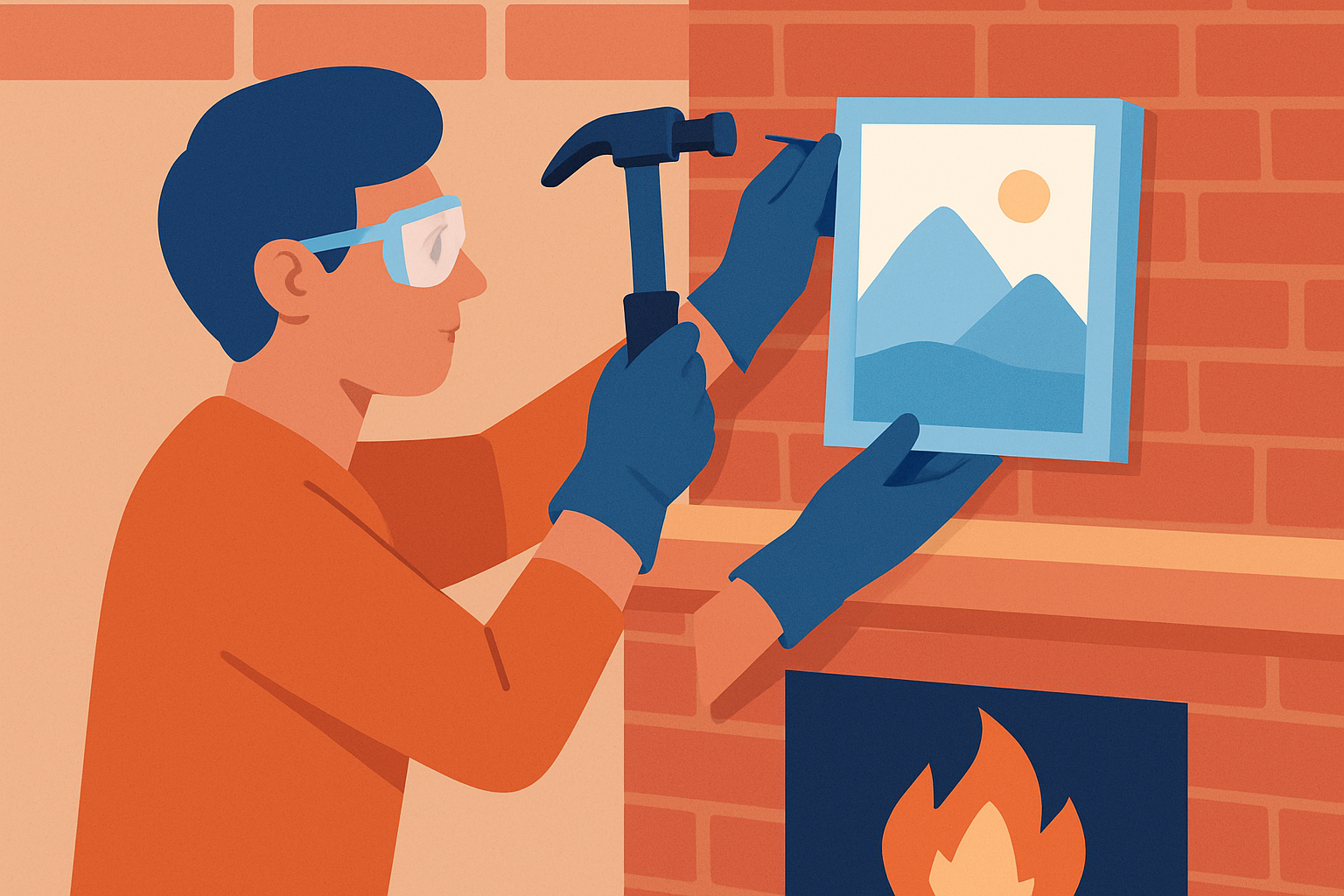 Using masonry nails to carefully hang a picture on a brick fireplace.