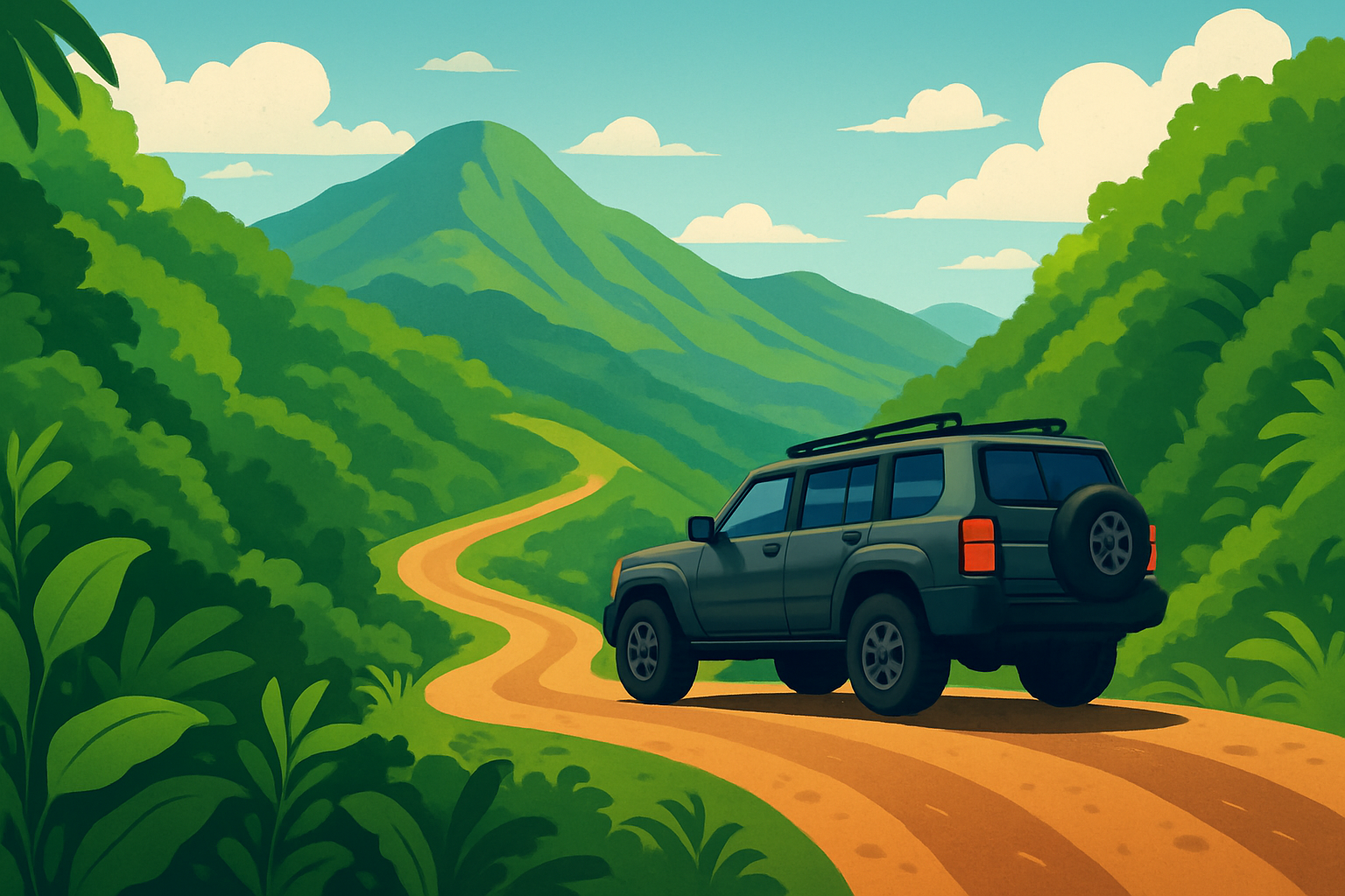 SUV expertly handling a winding mountain road amidst Costa Rica’s lush mountain landscape