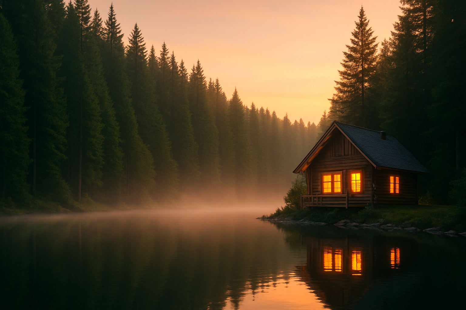 A cozy cabin nestled near a serene lake in the Black Forest, capturing the tranquil natural ambiance.