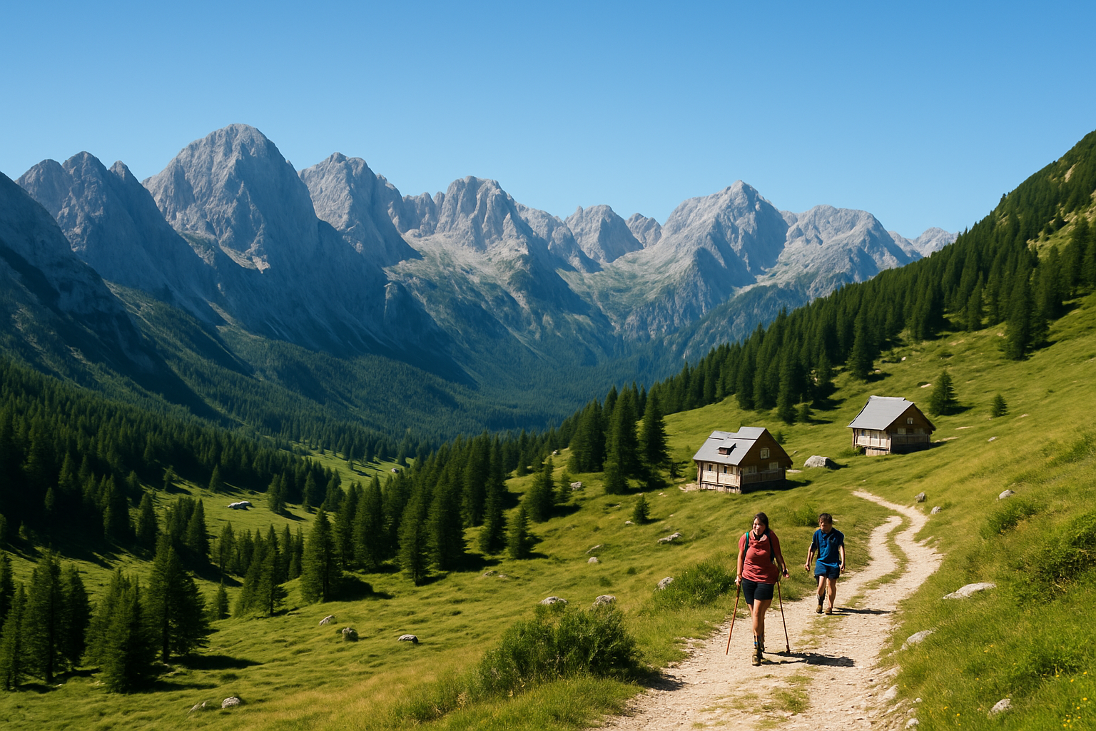 Panoramic view of the Julian Alps showcasing mountain peaks, hiking trails, and alpine lodges.