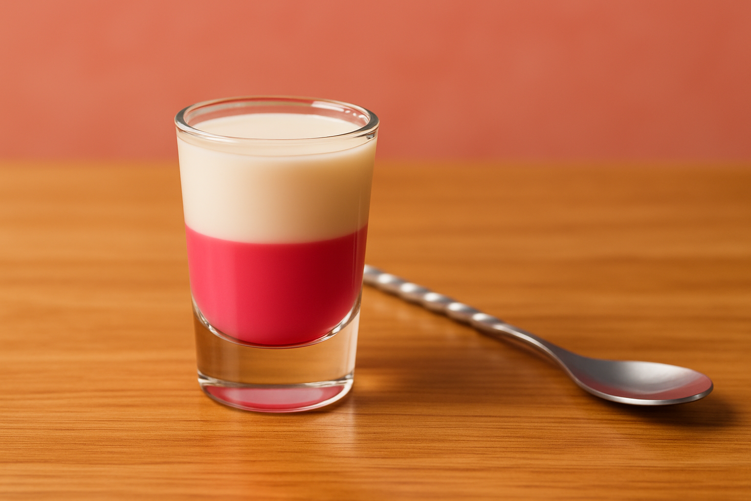 A beautifully layered pink white shooter showing distinct pink and white layers in a shot glass.