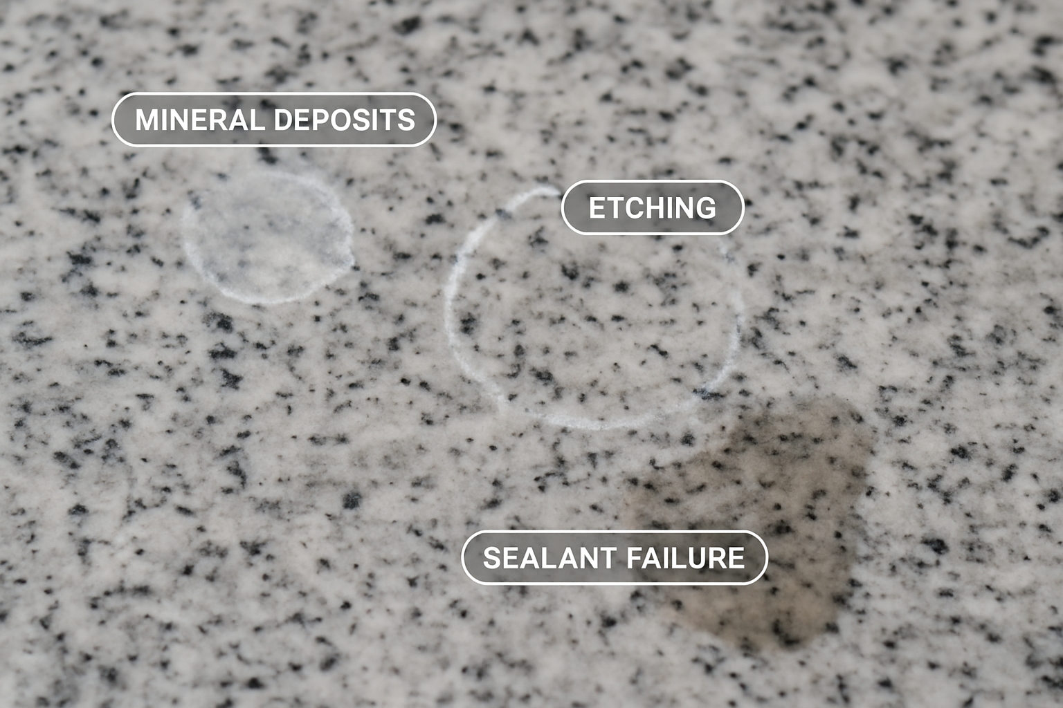 Visual guide illustrating the different types of water marks on granite countertops to aid diagnosis.