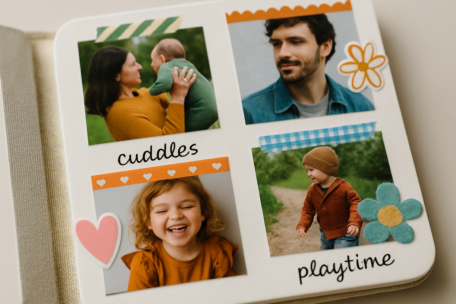 Example of a personalized photo board book page with decorations and captions