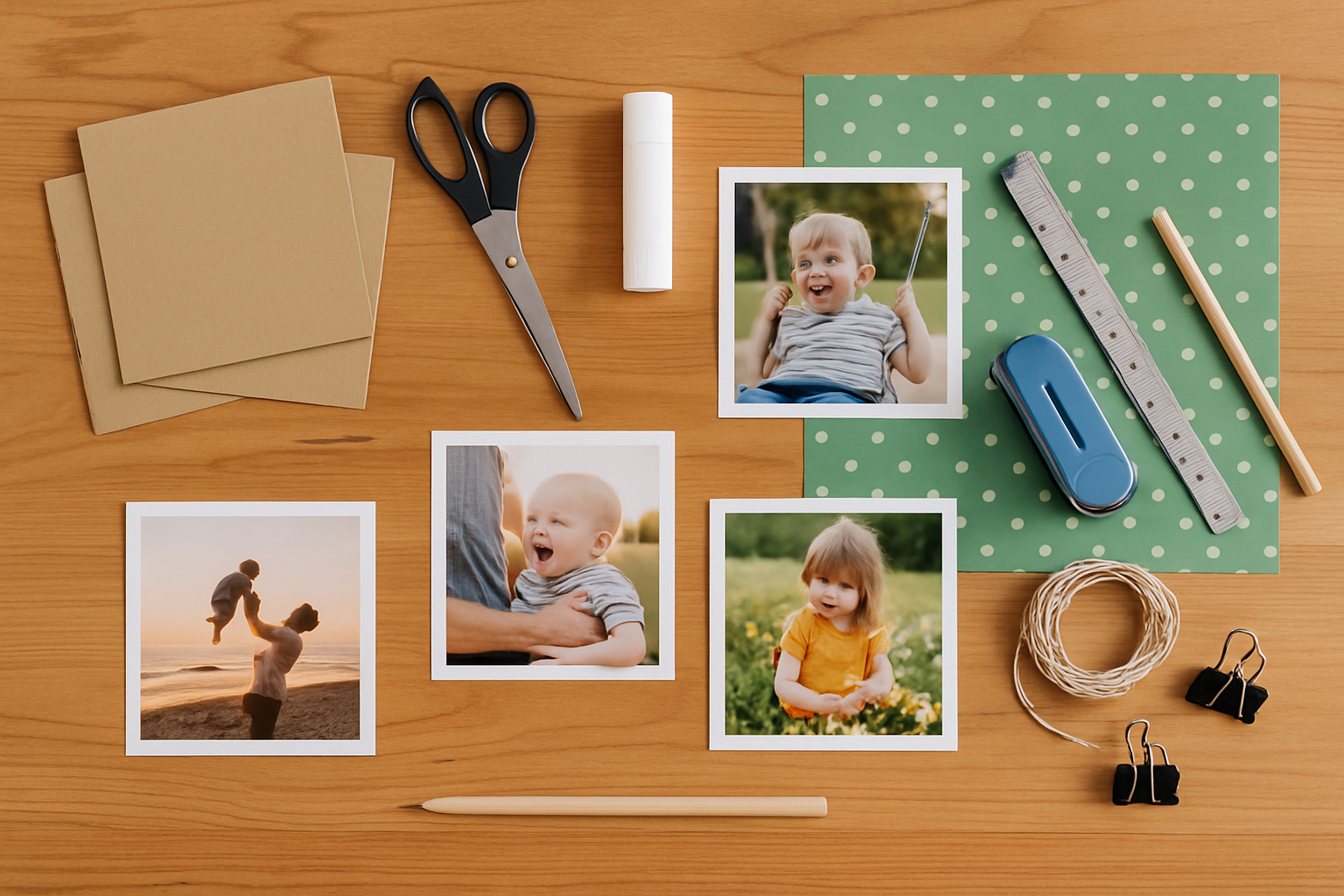 Materials needed to create your own photo board book displayed neatly on a workstation