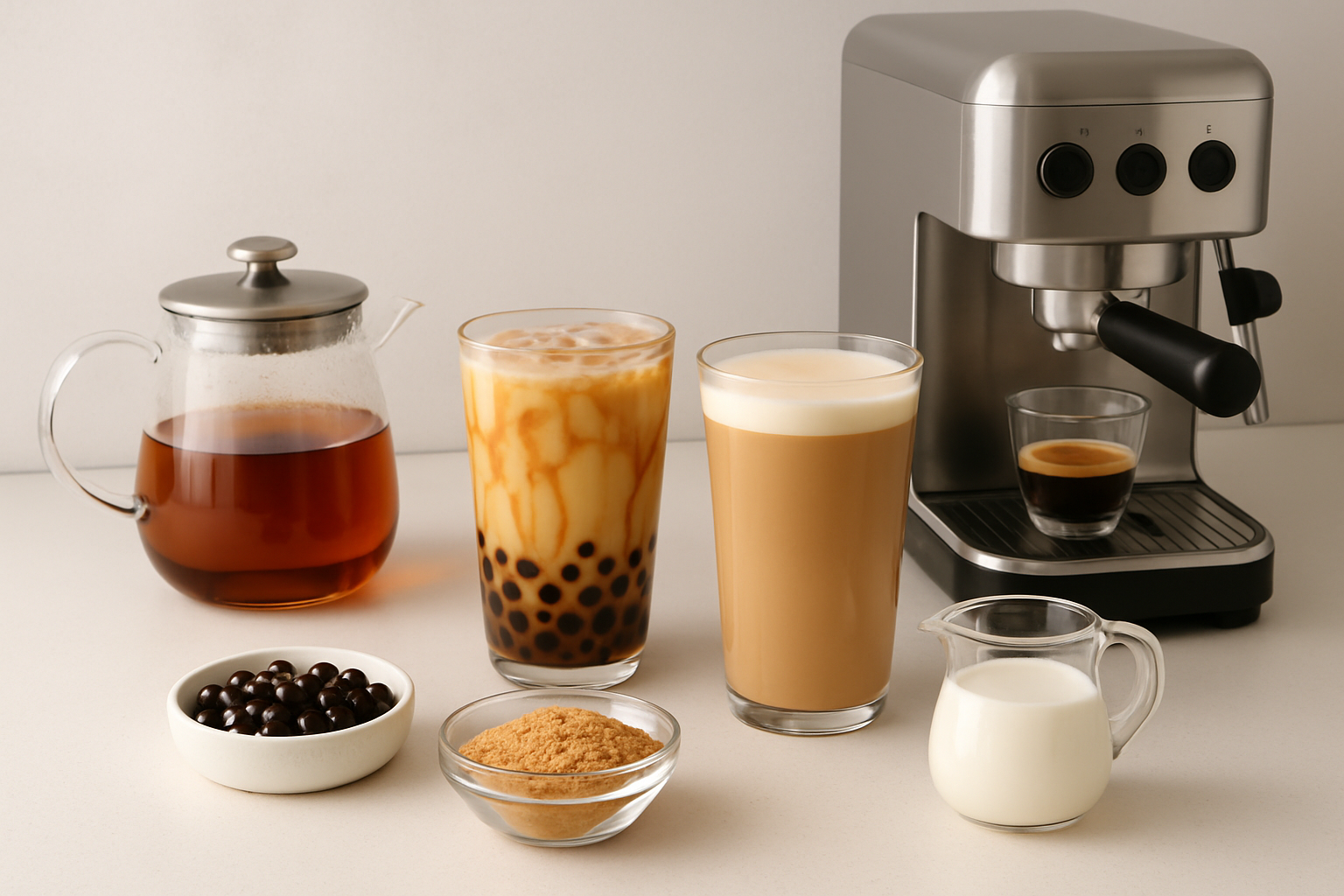 Ingredients and equipment laid out for making brown sugar milk tea latte and home-brewed coffee drinks