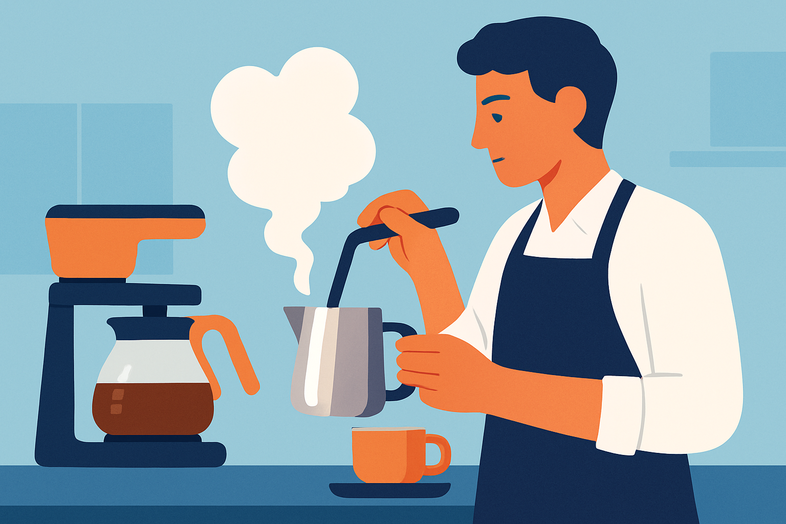 Different coffee brewing methods including espresso extraction and milk frothing displayed in a modern cafe setting