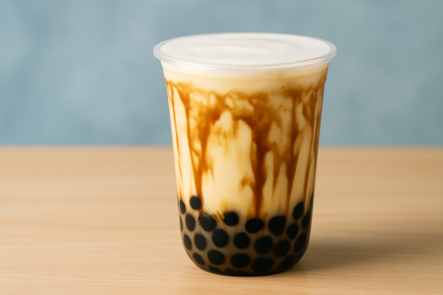 A vibrant brown sugar milk tea latte showing caramelized syrup, chewy pearls, and creamy milk tea layers