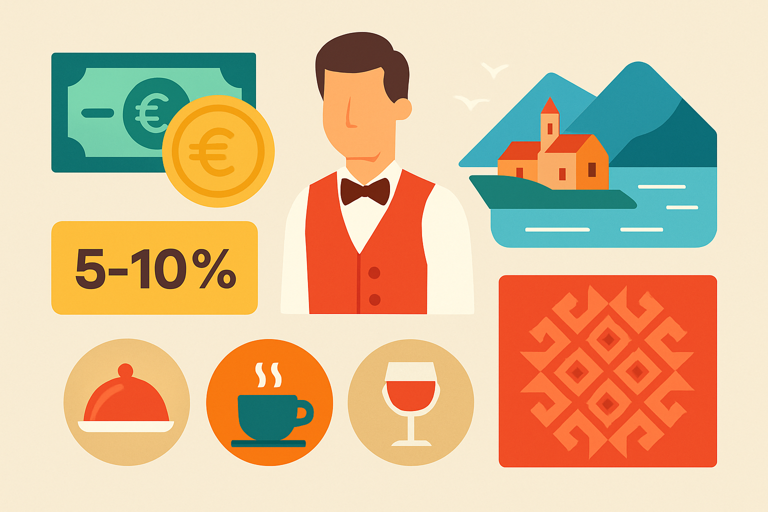 Visual infographic summarizing tipping dos and don’ts in Montenegro restaurants and cafes