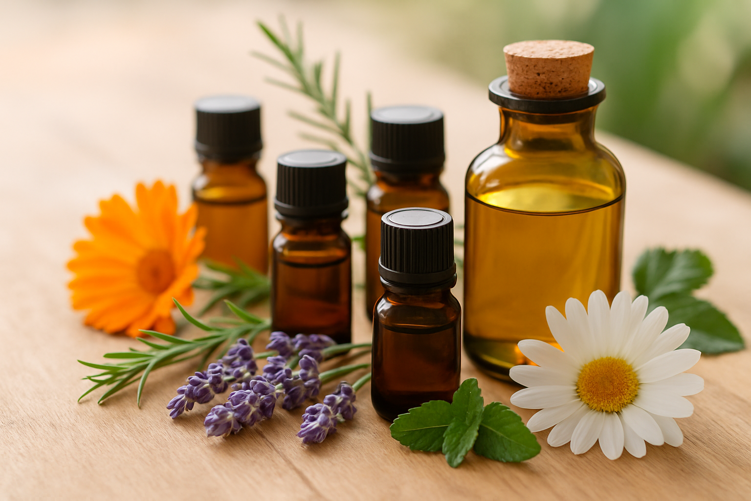 A variety of essential oils and carrier oils used to create homemade massage oil blends.