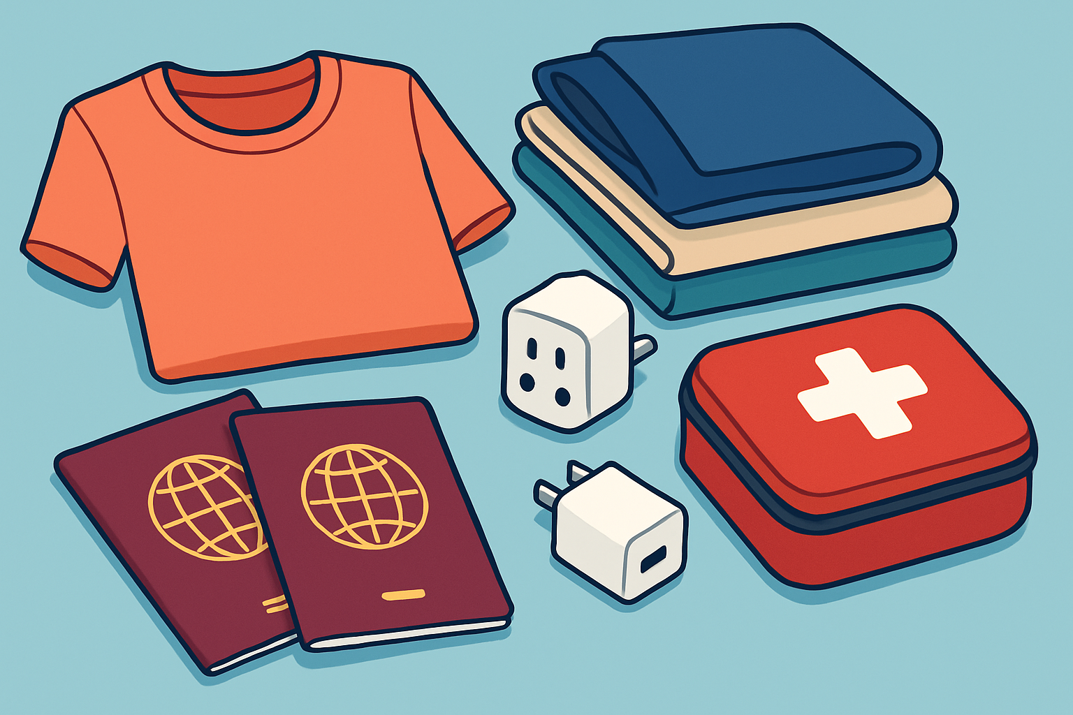 An organized flat lay of essential items to pack smartly for living abroad, including adapters, documents, and versatile clothing
