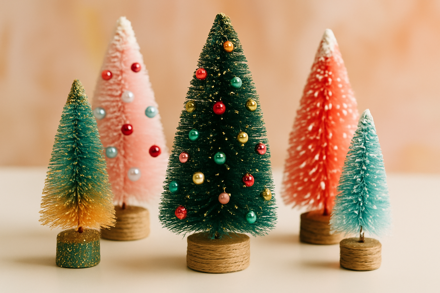 Detailed view of DIY-enhanced bottle brush trees showcasing various creative embellishments and finishes
