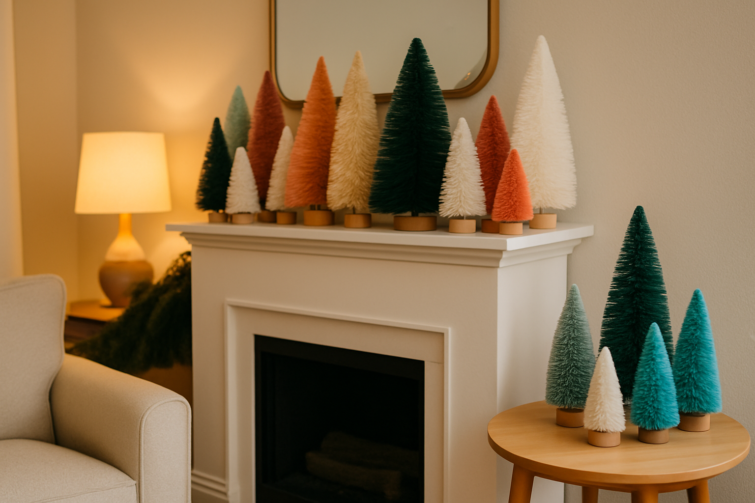Various types of bottle brush trees displayed in a festive home setting, showcasing classic, snowy, and colored styles