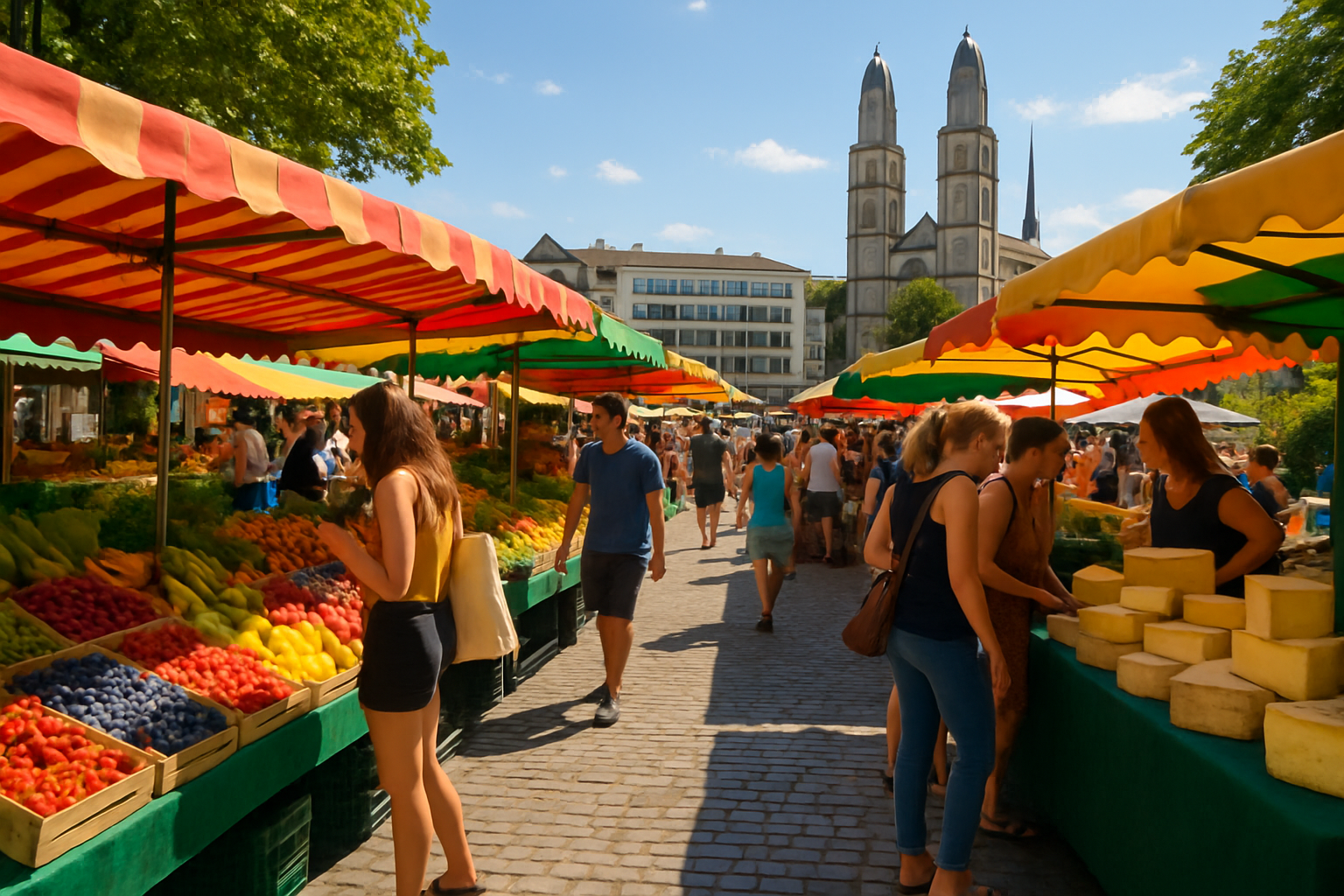 Zurich’s lively summer food market brimming with fresh local produce and artisanal foods in August.