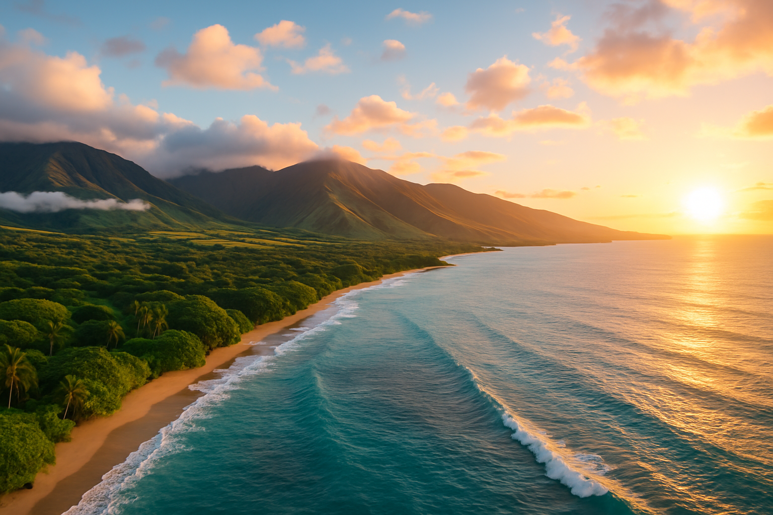 Scenic aerial view of Maui showcasing its diverse tropical landscapes from volcanic peaks to pristine beaches.