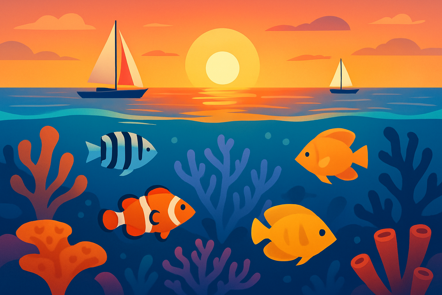 Vibrant sunset casting golden hues over coral reefs in the Florida Keys, showcasing its rich marine life and tranquil waters.