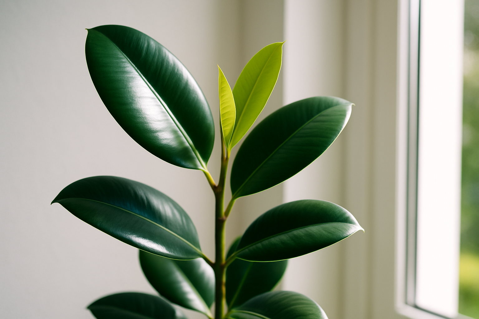 A healthy rubber plant showcasing glossy, vibrant leaves at various growth stages under optimal indoor light.