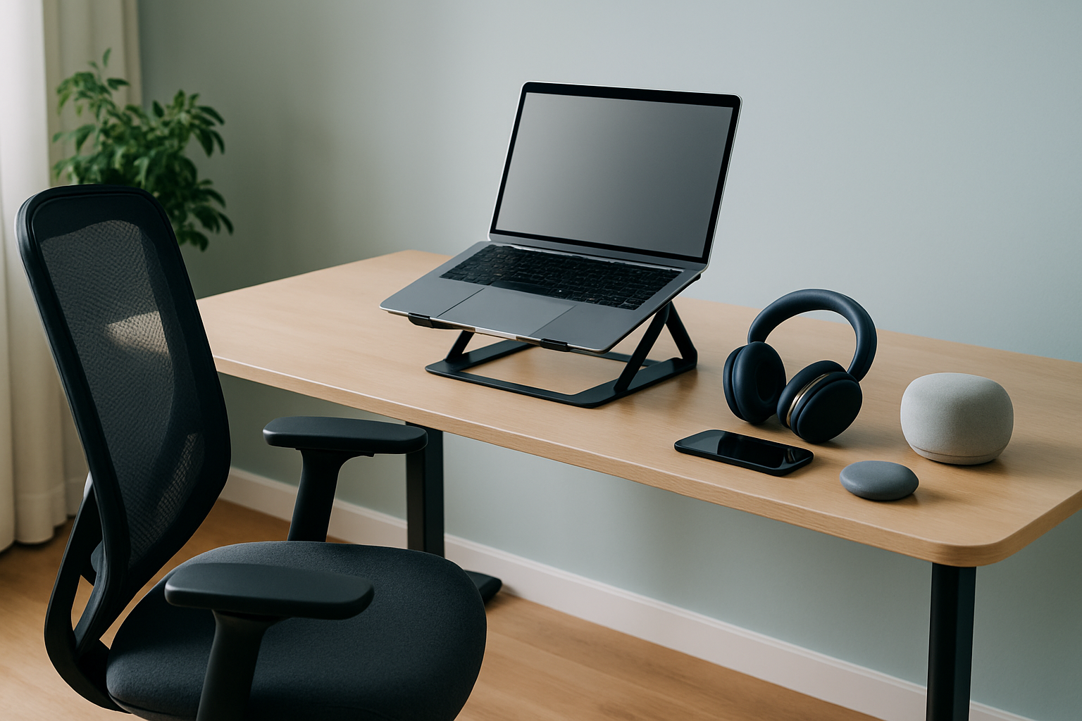 A well-equipped remote work setup featuring ergonomic and tech gadgets to boost comfort and productivity.