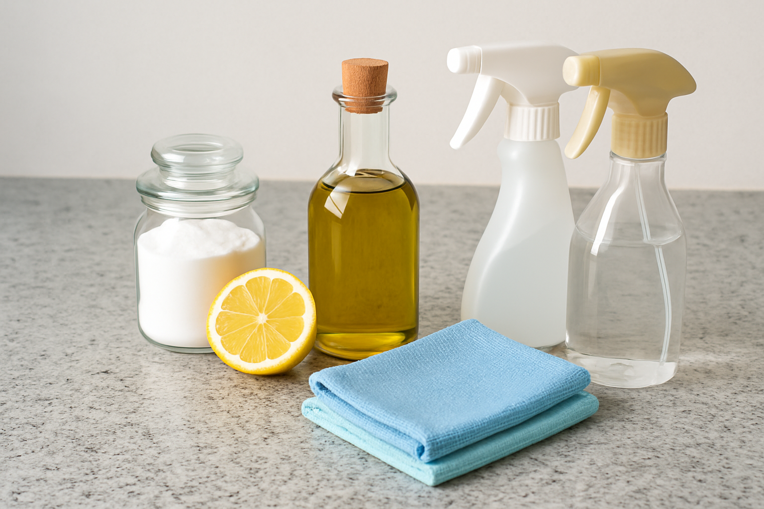 Essential natural tools and ingredients used for removing water stains from granite