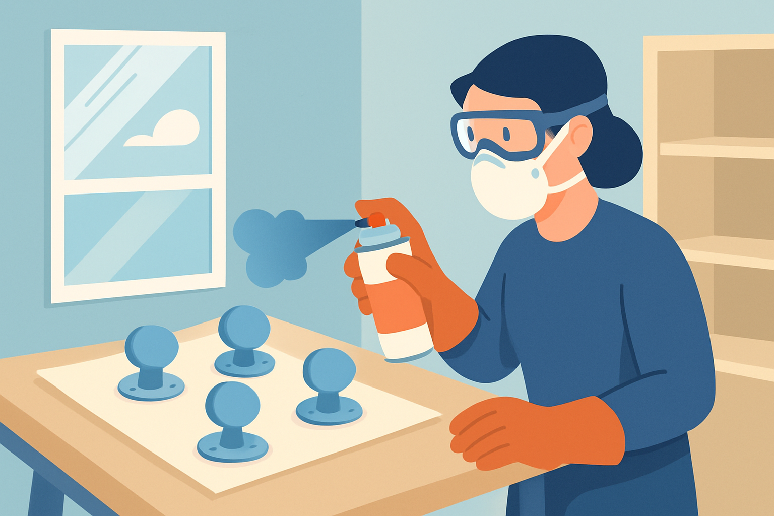 A person spray painting door knobs in a clean, organized workspace, demonstrating proper technique and safety.