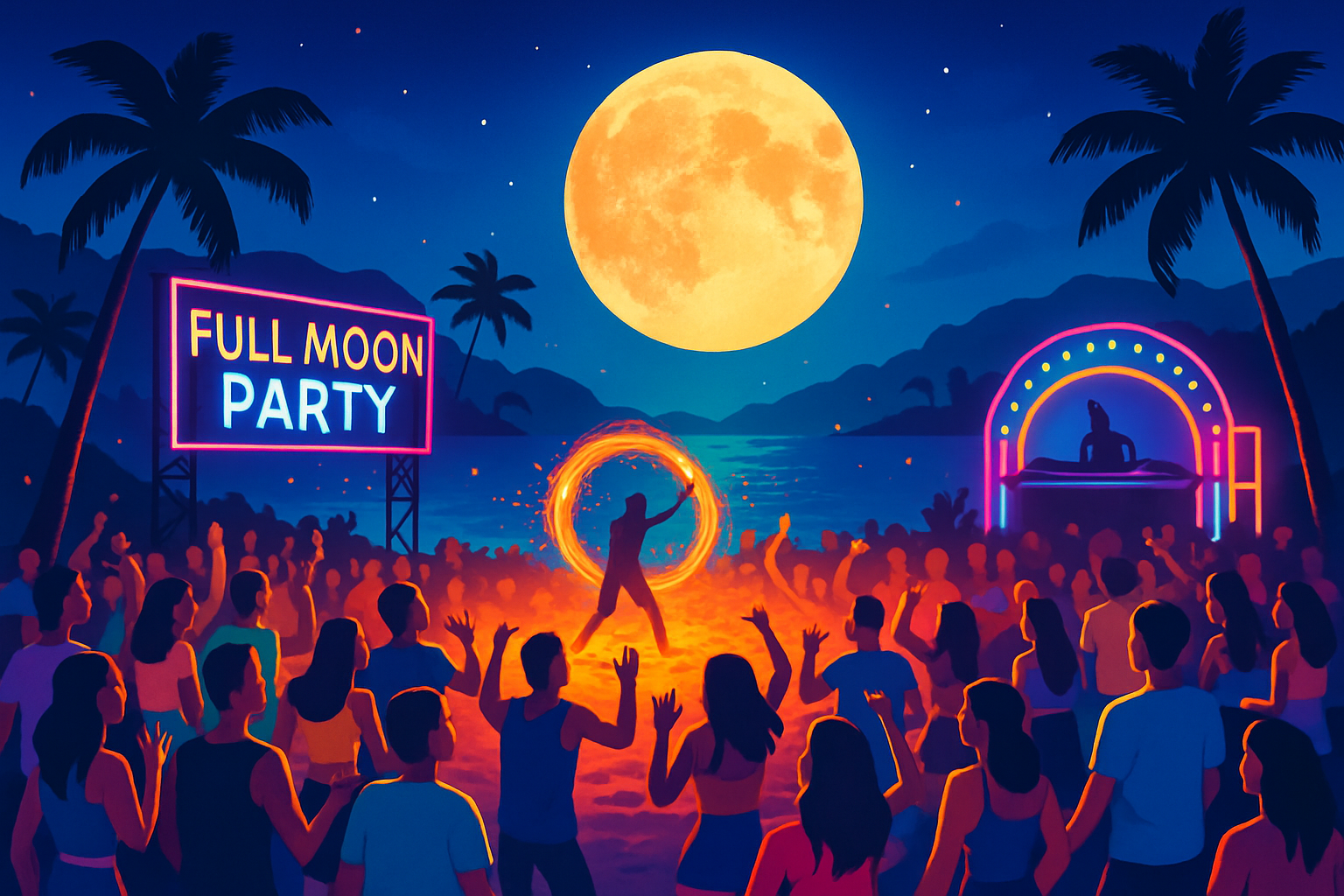 A vibrant Full Moon Party scene on Haad Rin Beach with neon lights, fire dancers, and a lively crowd under the moonlit sky.