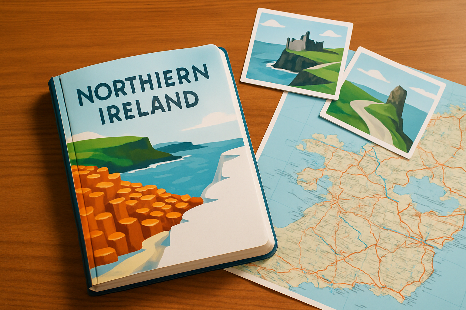 A Northern Ireland guide book open amidst travel postcards and a map, symbolizing planning and exploration.