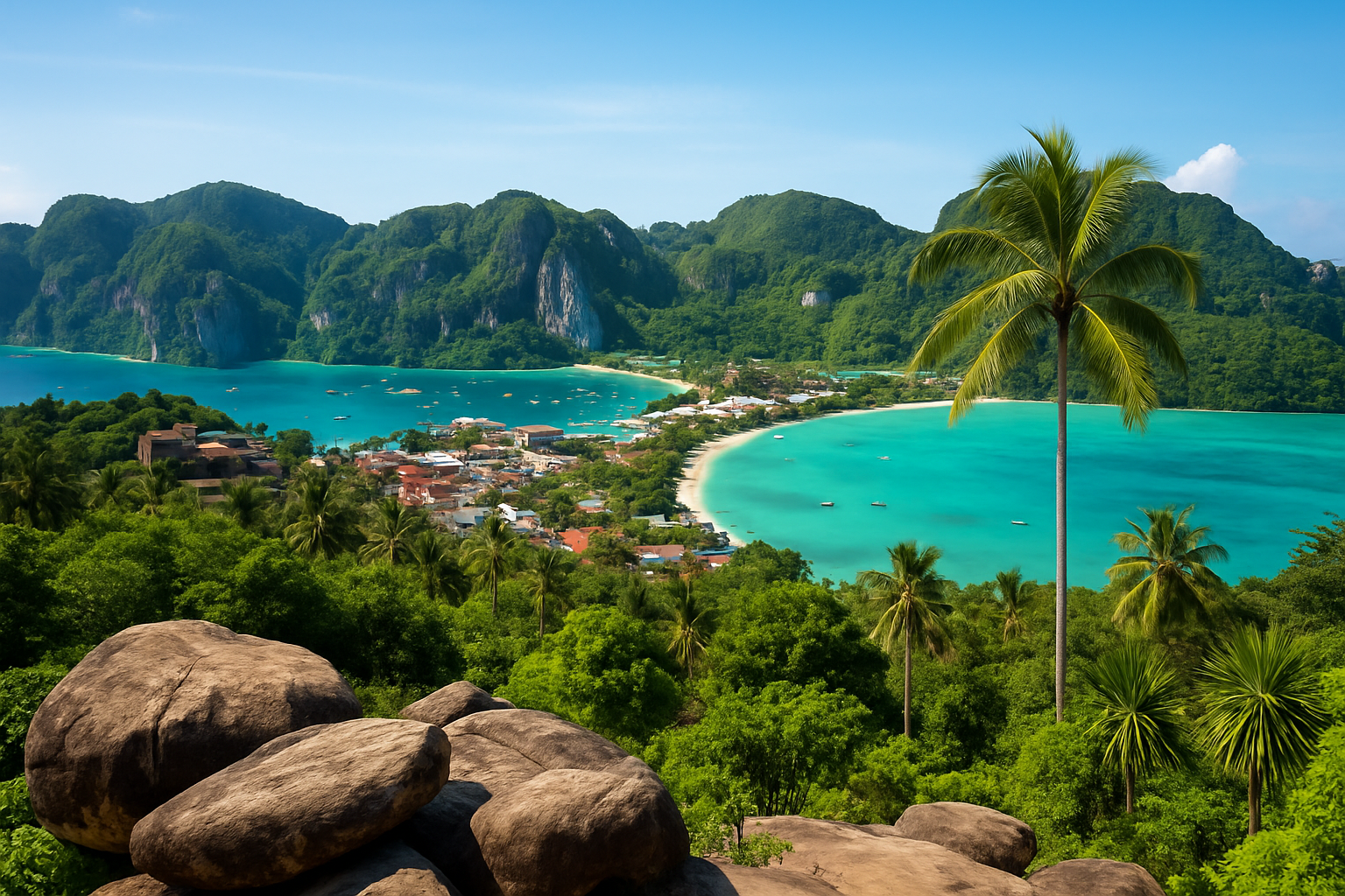 Panoramic view from Koh Phi Phi’s renowned viewpoint capturing the island’s rugged beauty and bays