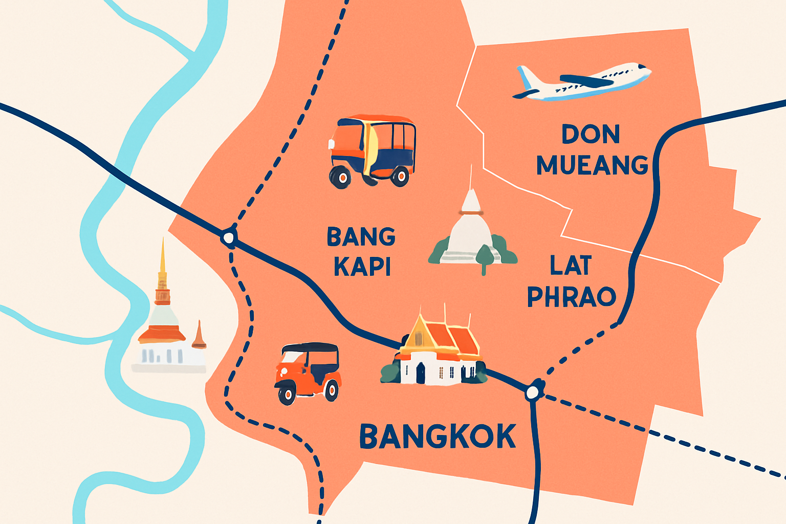 Map showing budget-friendly districts in Bangkok with landmarks