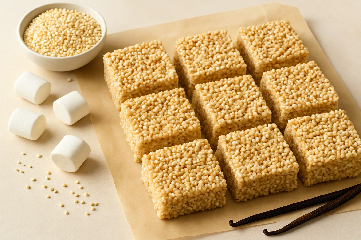 Freshly made gluten-free puffed quinoa crispy treats cut into perfect squares, showcasing their texture and wholesome ingredients