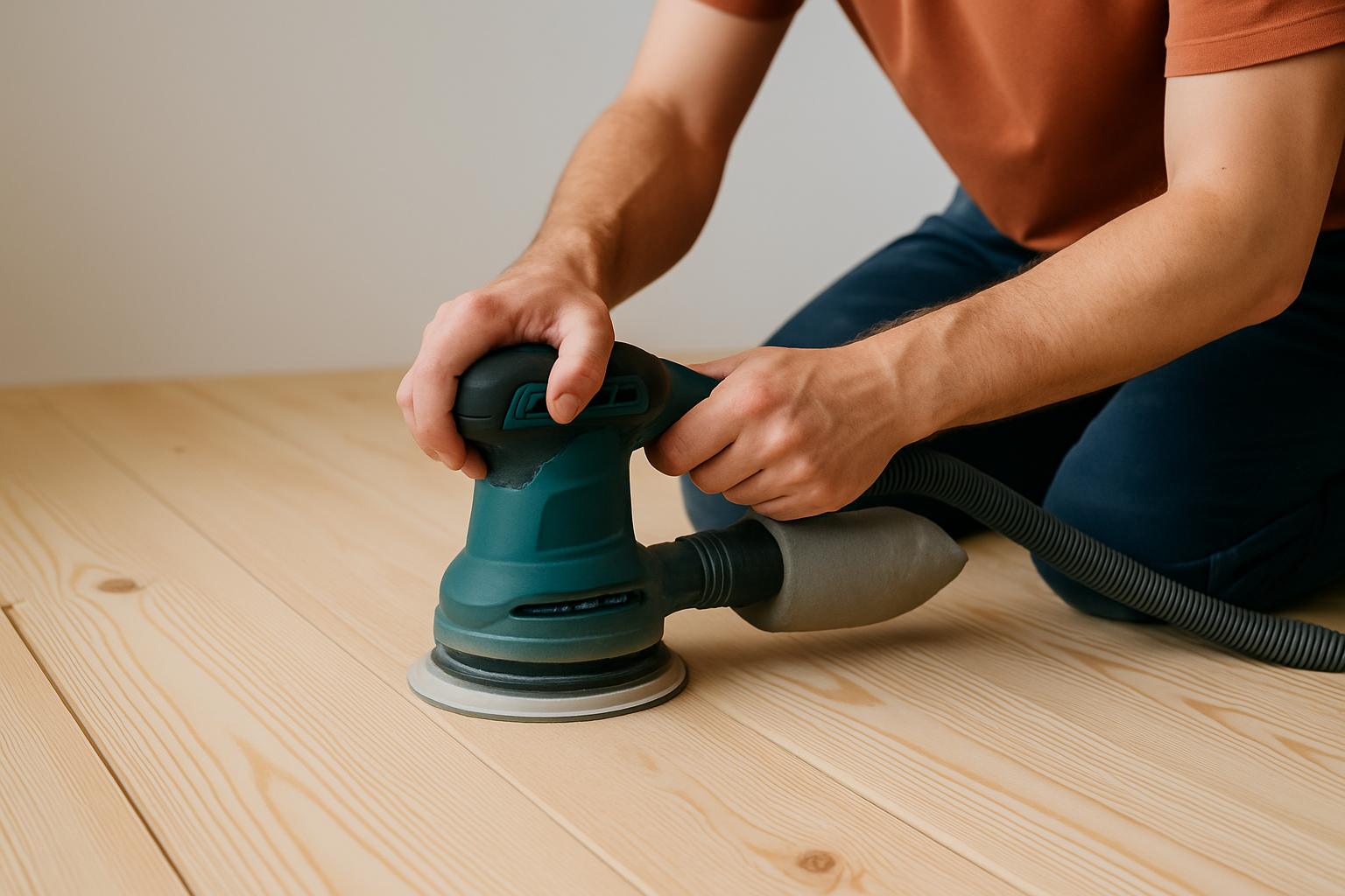 Close-up image showing correct sanding technique and equipment used on a pine floor.