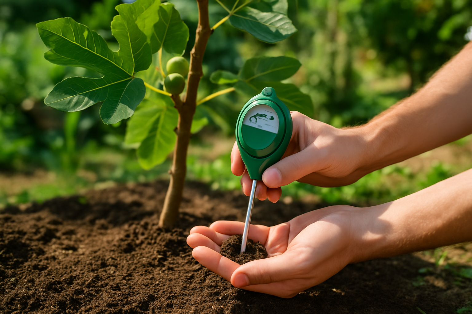 Testing soil moisture near a fig tree using a moisture meter and the finger test technique