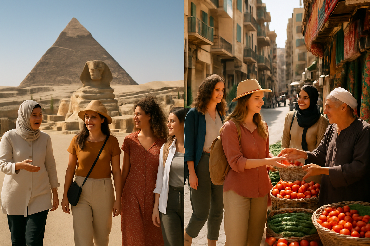 Popular tourist locations in Egypt that are considered safe and welcoming for women travelers, including iconic landmarks and bustling city scenes.