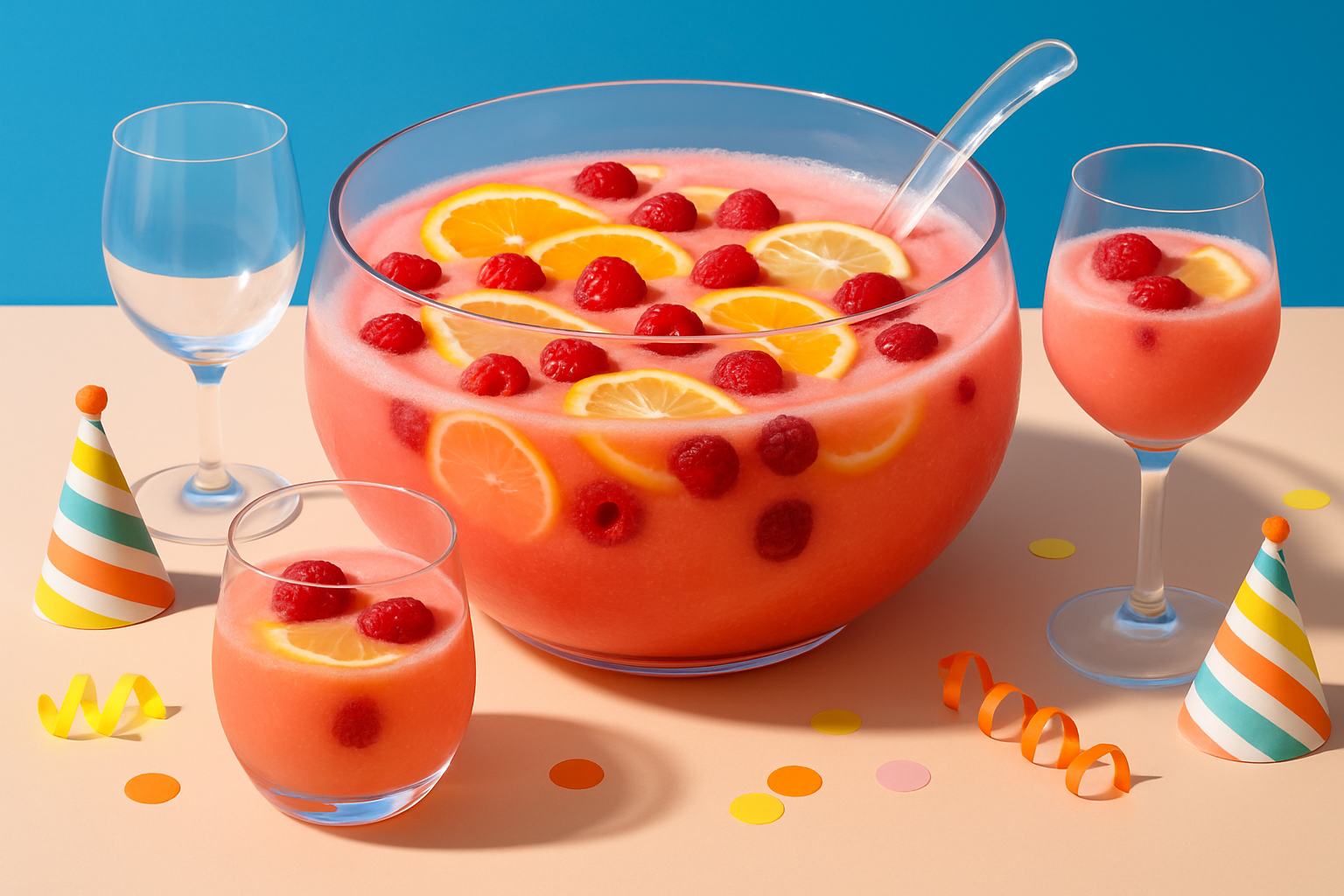 A colorful raspberry sherbet punch with ginger ale presented in a festive punch bowl, garnished with fresh fruit.