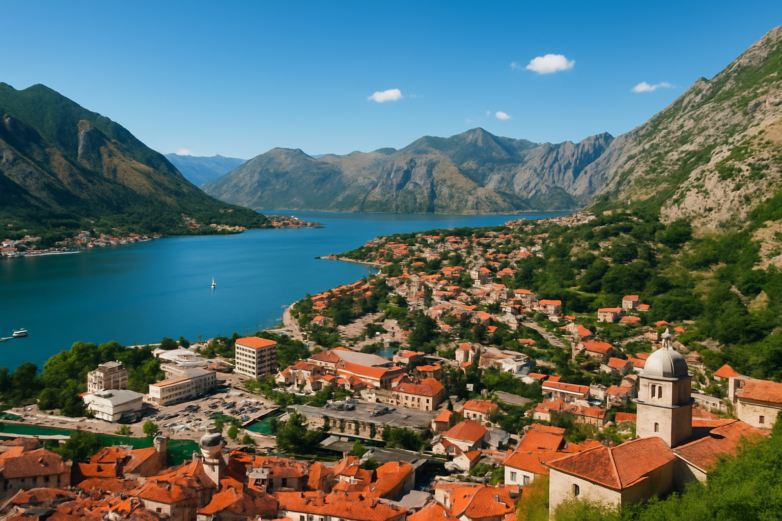 Stunning panoramic view of Kotor Bay framed by its medieval Old Town and soaring mountains