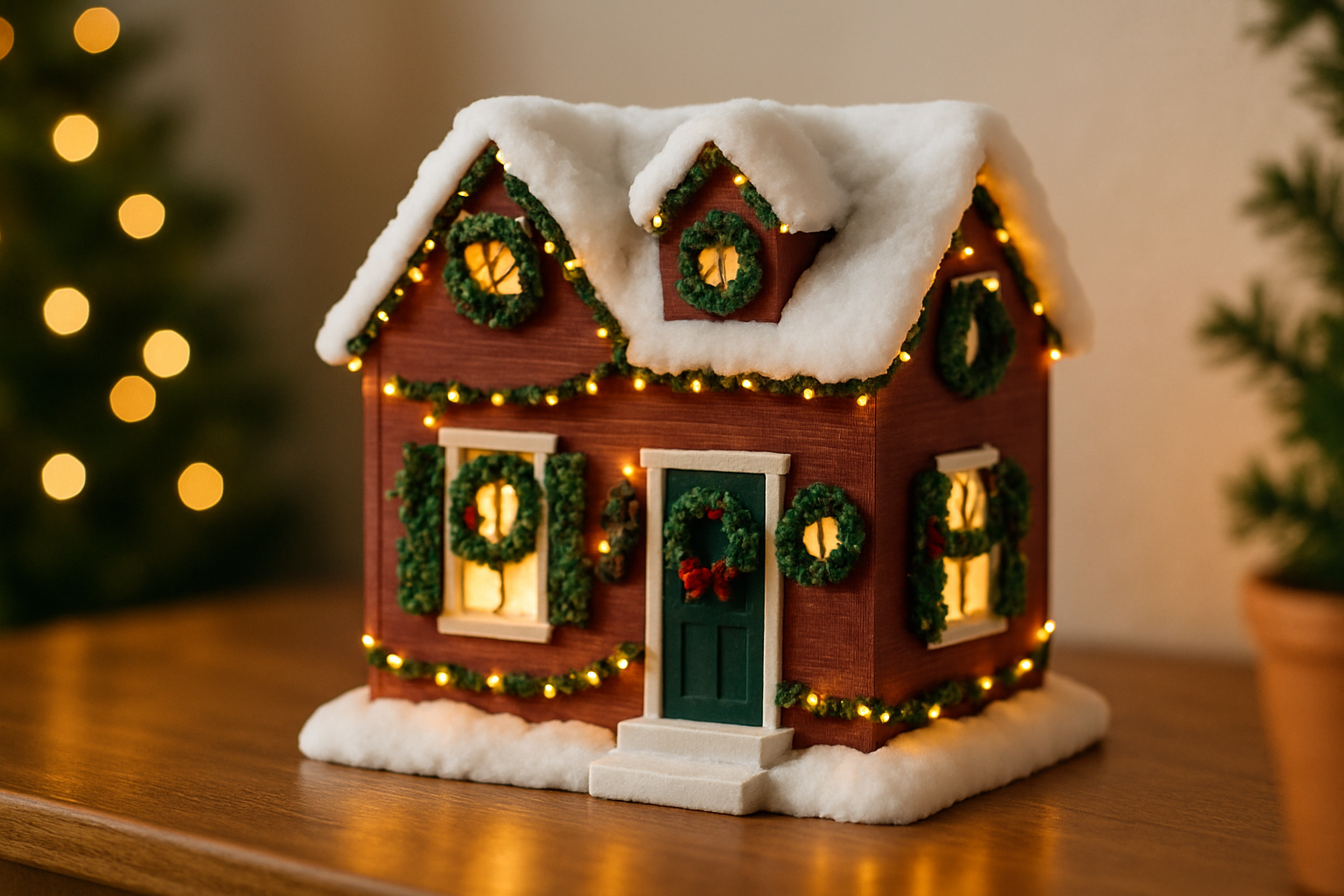 A charming Christmas decorated dollhouse exterior featuring miniature wreaths, string lights, and snowy cotton effects.