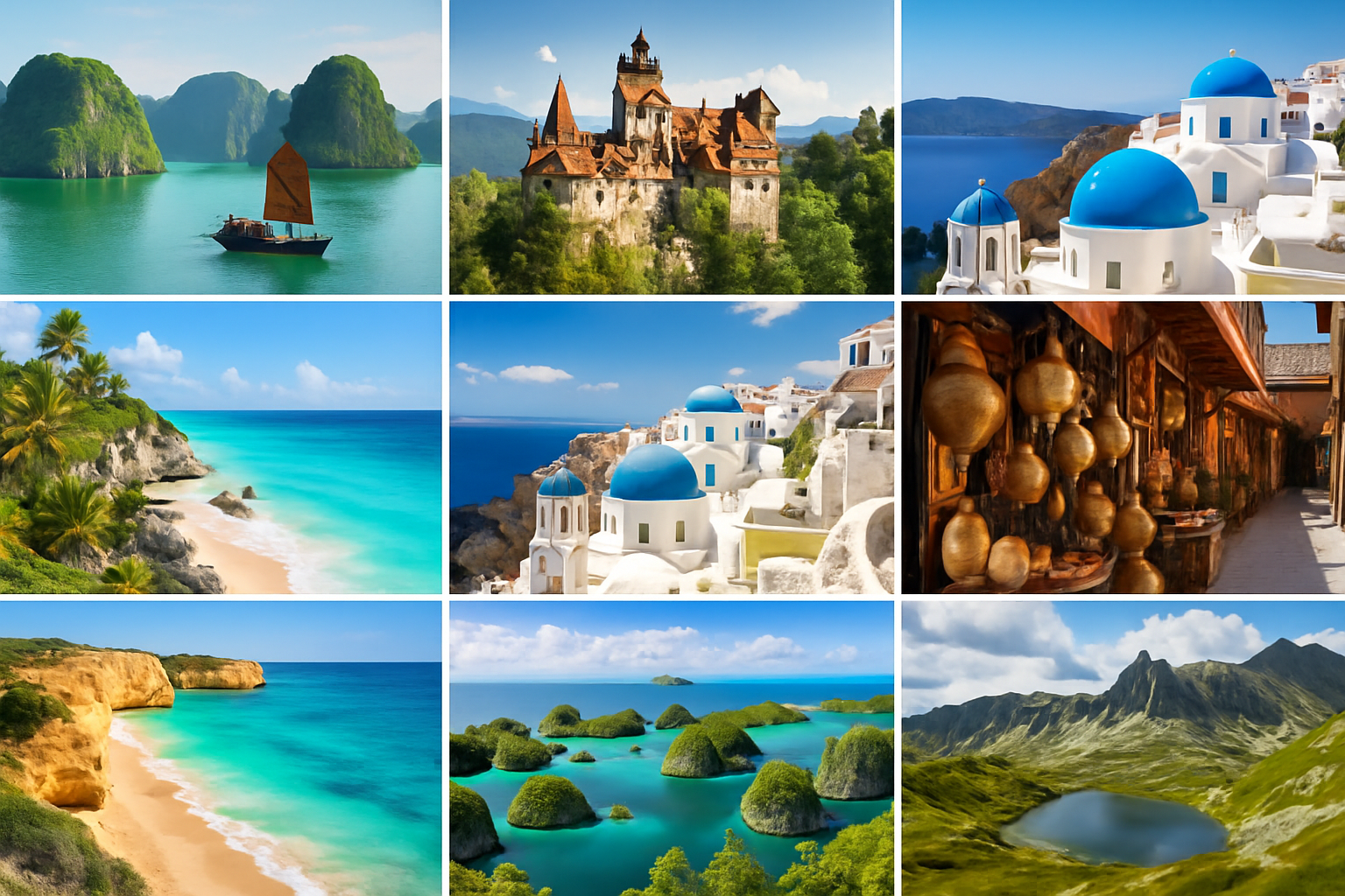 A vibrant collage showcasing top budget-friendly beautiful countries combining natural landscapes, cultural landmarks, and local street scenes.