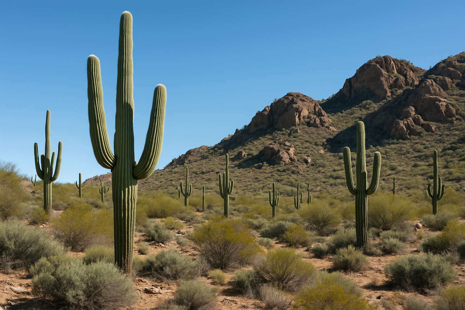 Photo of Phoenix desert landscape with cacti and clear sky