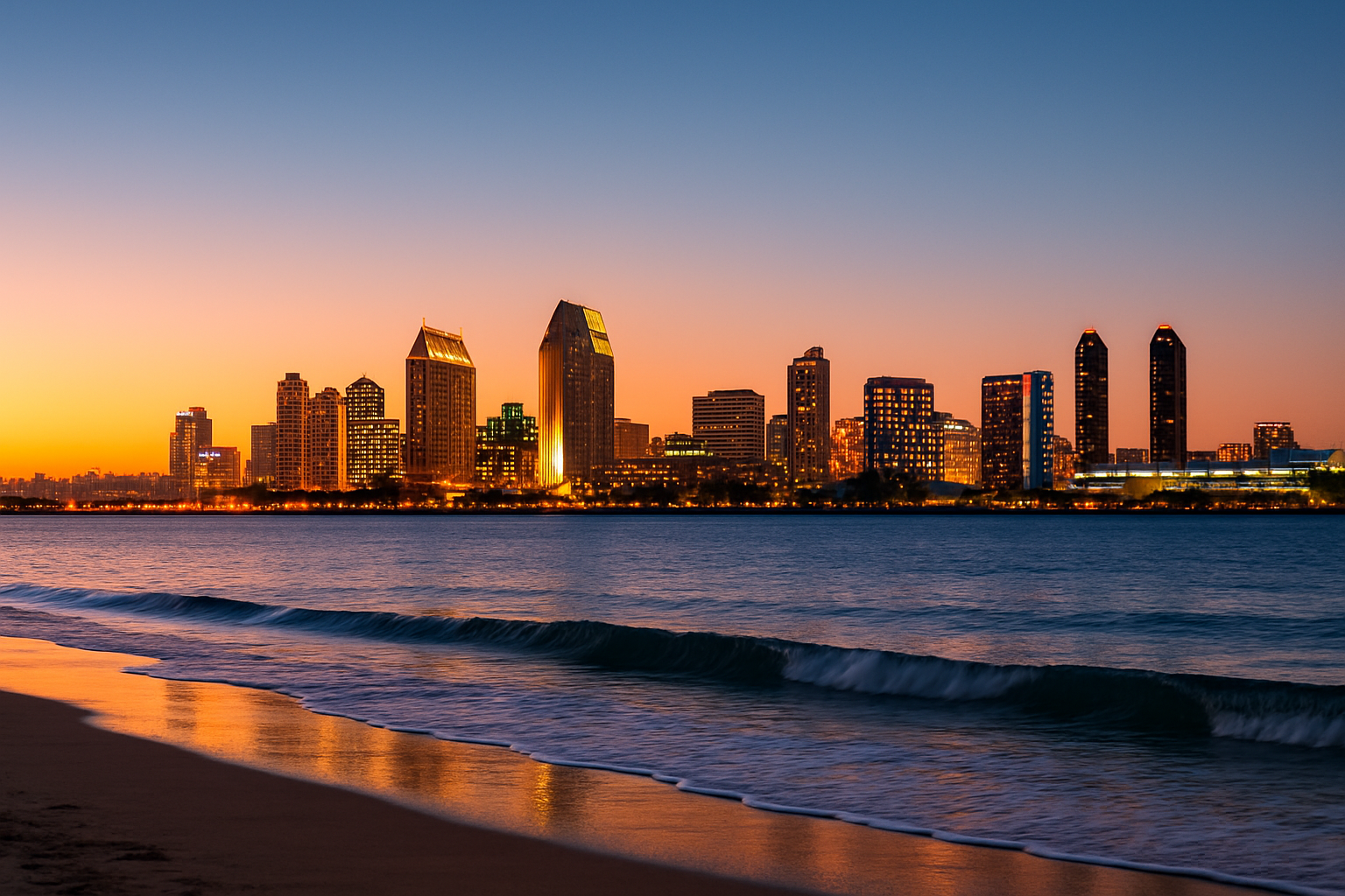 Photo of San Diego skyline with clear winter skies and beach in the foreground