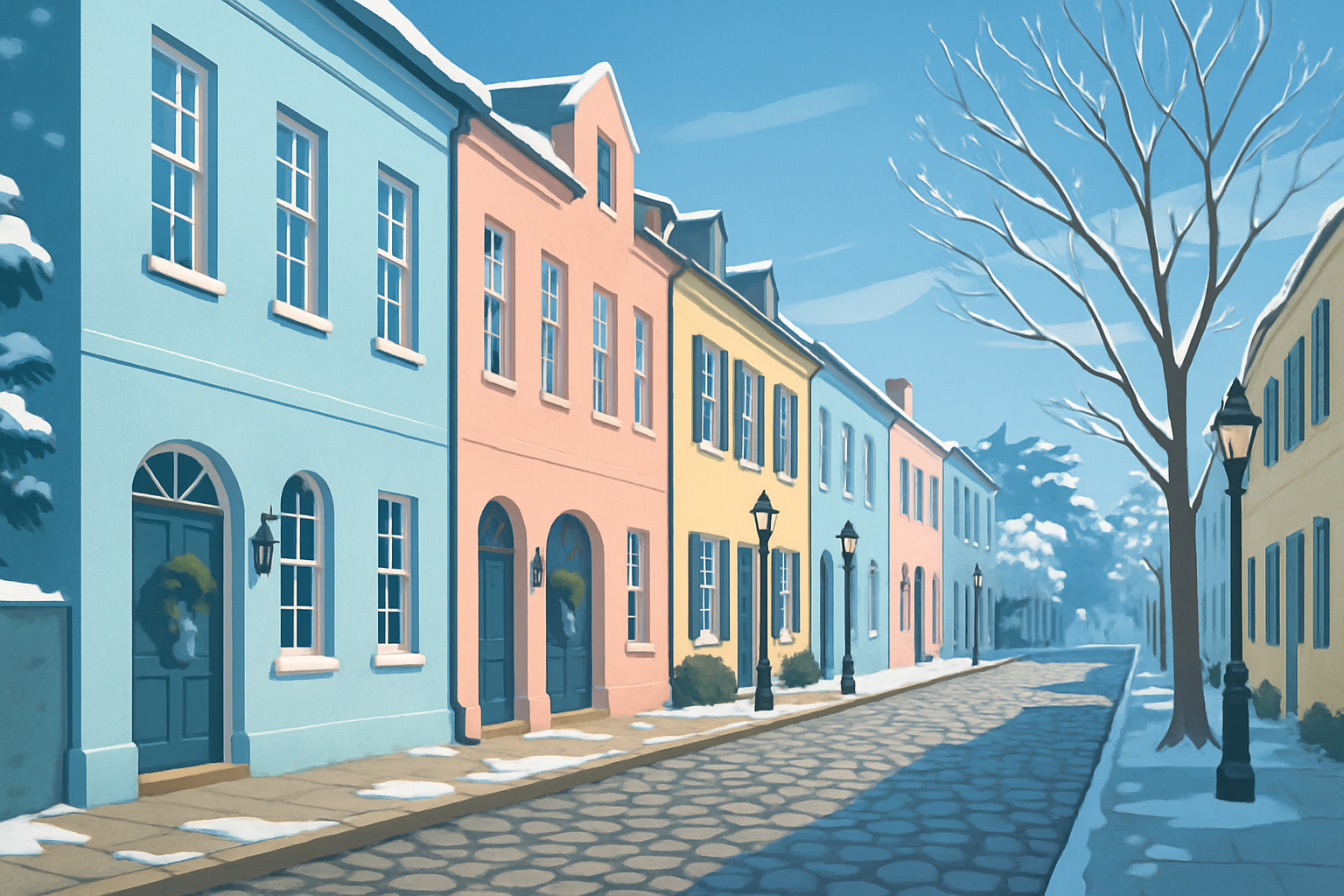 Photo of Charleston’s historic district with pastel buildings and blue skies
