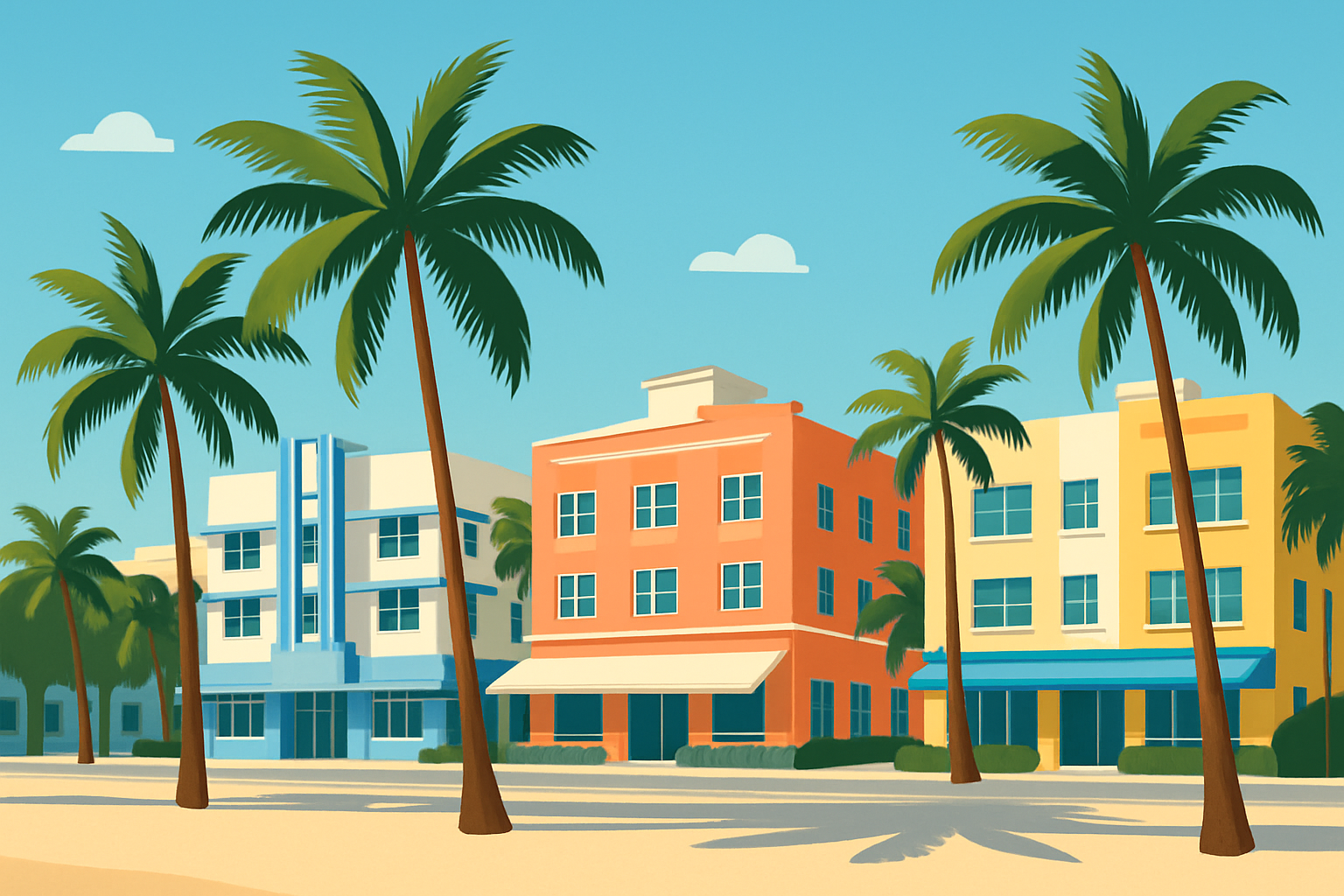 Photo showing Miami Beach with colorful art deco hotels bathed in sunlight