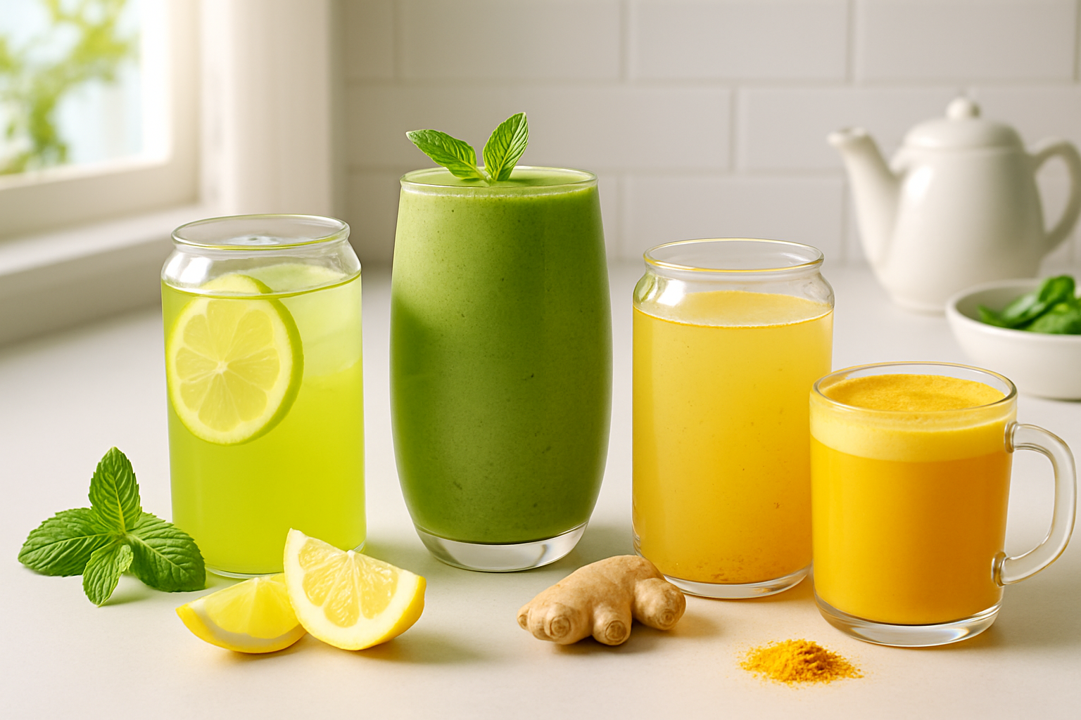 A vibrant display of various green tea-based energy drinks showcasing their fresh ingredients and inviting presentation