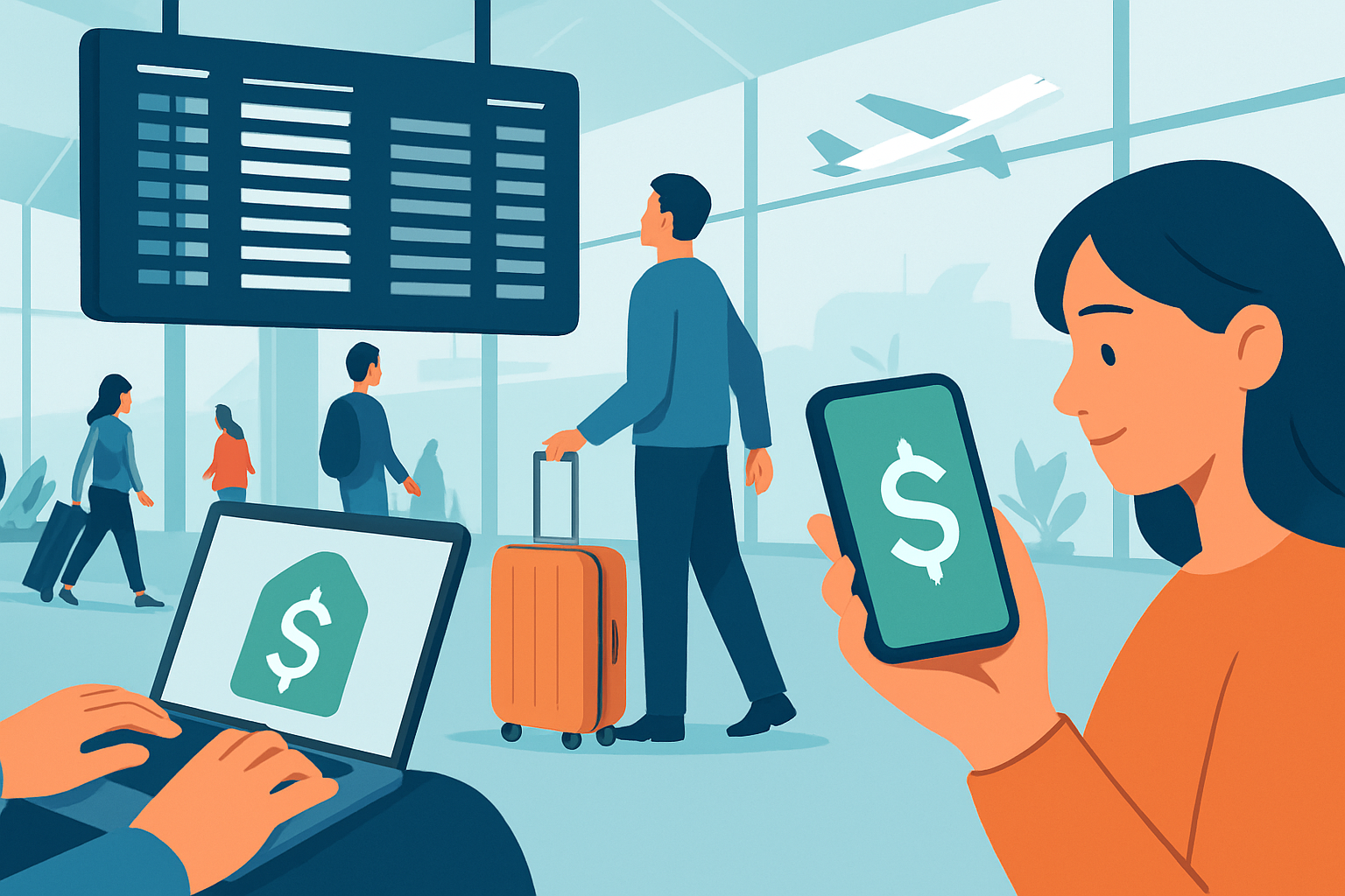 Travelers searching for the cheapest flights to Montenegro at a bustling international airport.