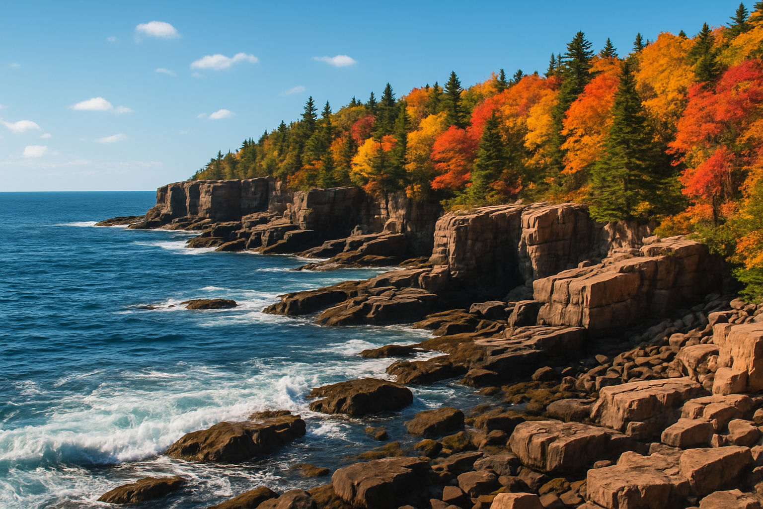 Acadia National Park’s stunning coastline during peak fall foliage, a quintessential New England roadtrip highlight
