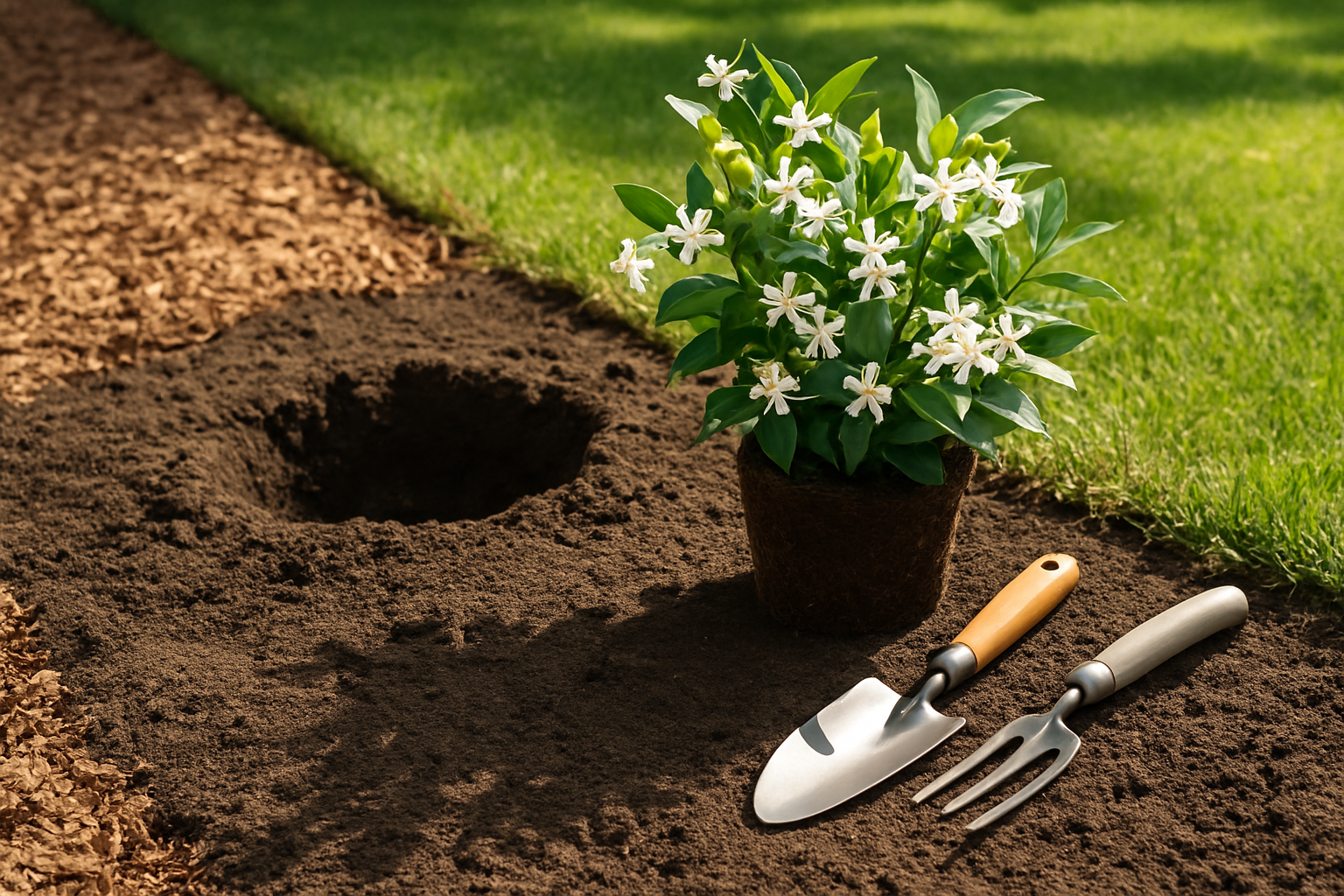 Preparing the garden bed for planting Confederate jasmine with proper hole depth and soil amendments