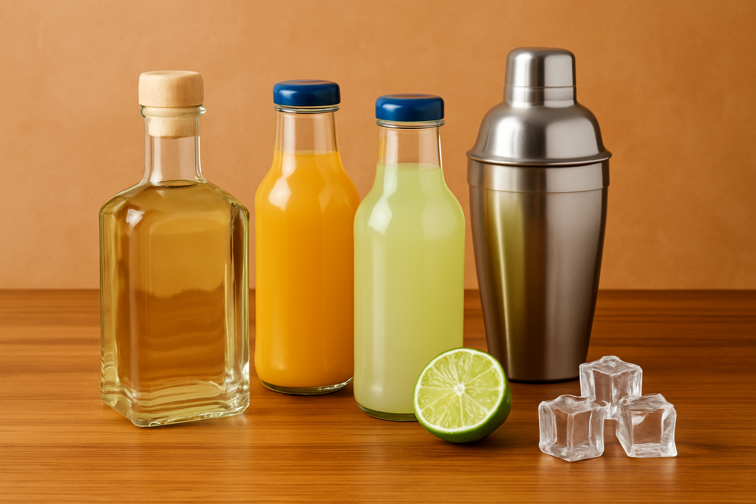 A well-organized home bar featuring tequila, a variety of tequila mixers, fresh garnishes, cocktail shaker, and glassware ready for mixing cocktails.