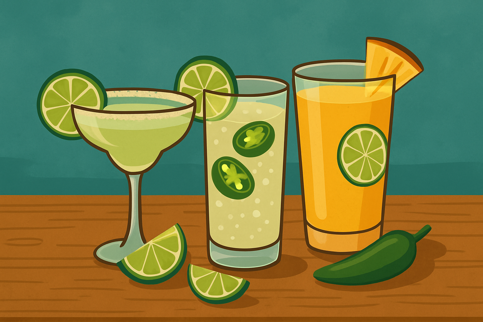 A display of popular tequila mixer cocktails showcasing vibrant colors and garnishes like lime wedges and jalapeño slices.