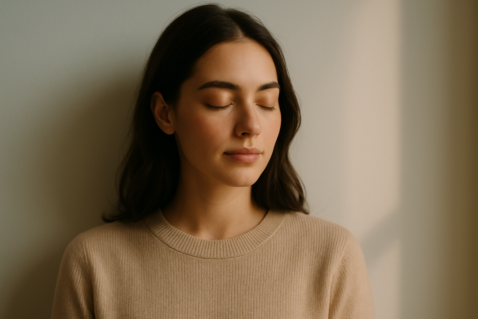 Example of a natural light self-portrait showing effective use of window light and simple posing techniques.