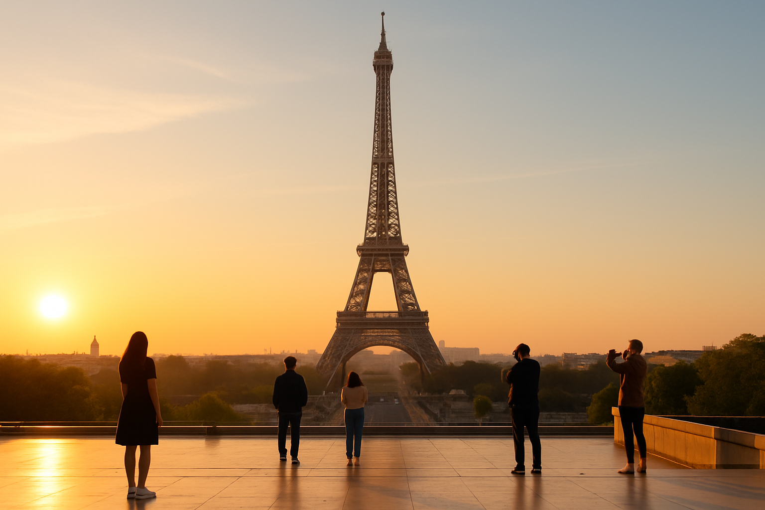 View of the Eiffel Tower at sunrise, the perfect start to a 2-day Paris itinerary.