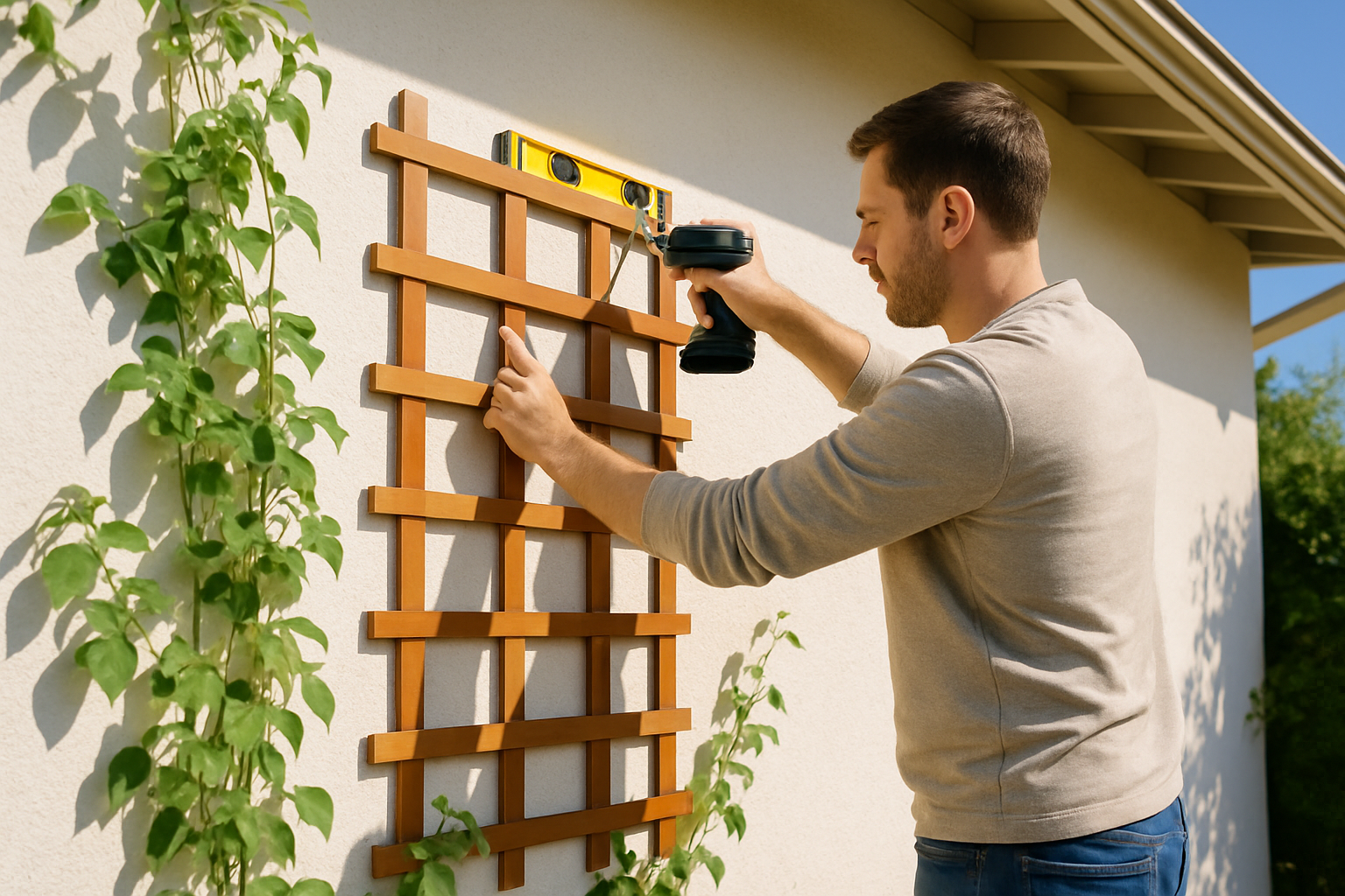 Step-by-step image showing how to securely mount a trellis to a house exterior.